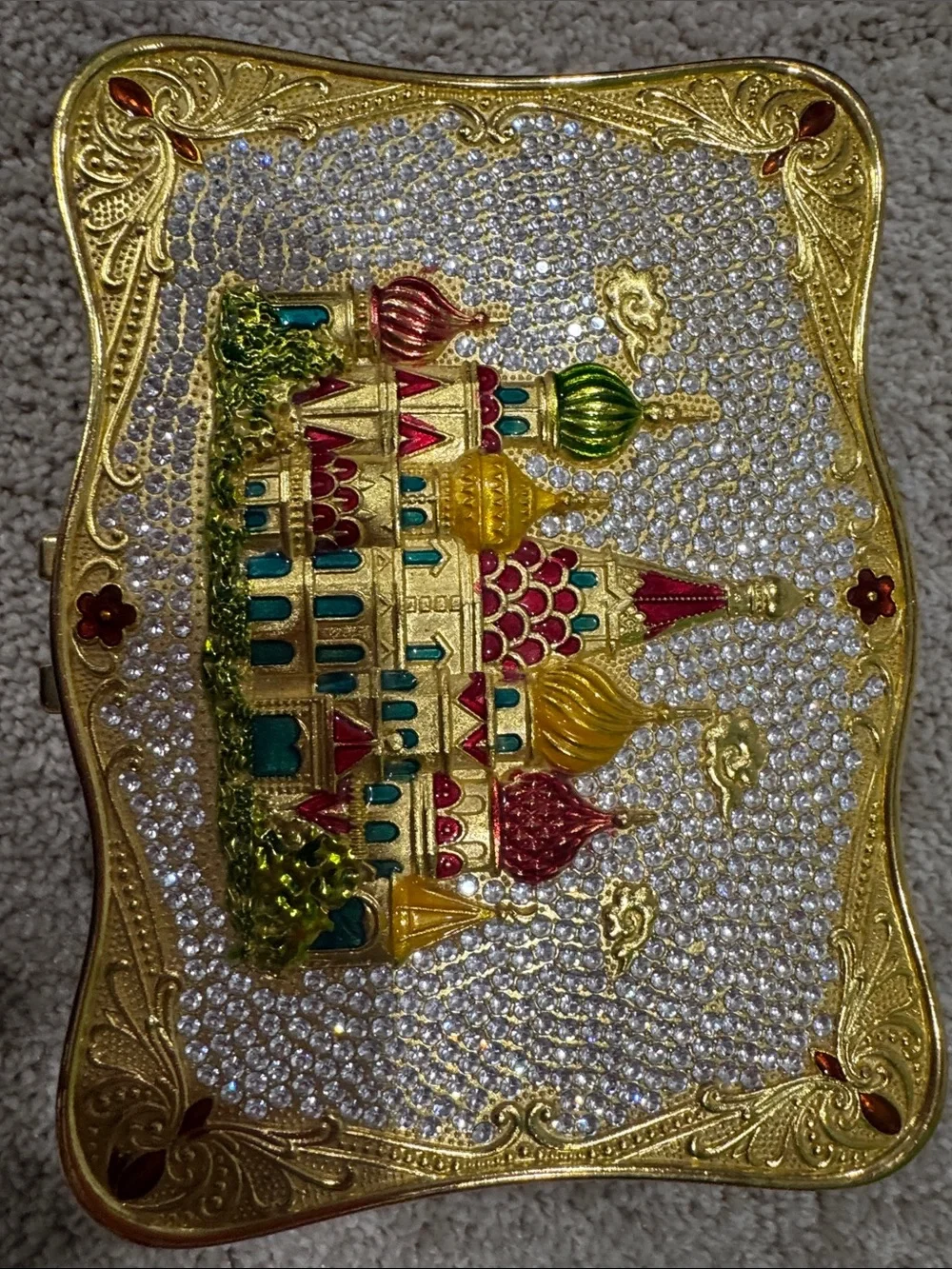 Ornate Jeweled Castle Trinket Box - Gold, White, Green, Red